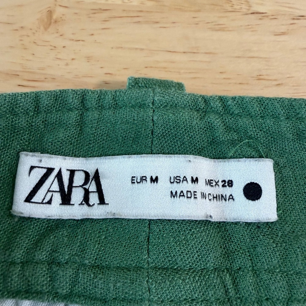 Zara Green Embroidered Wide Leg Linen Blend Pants Size M Euro Summer Trouser - Picture 5 of 11